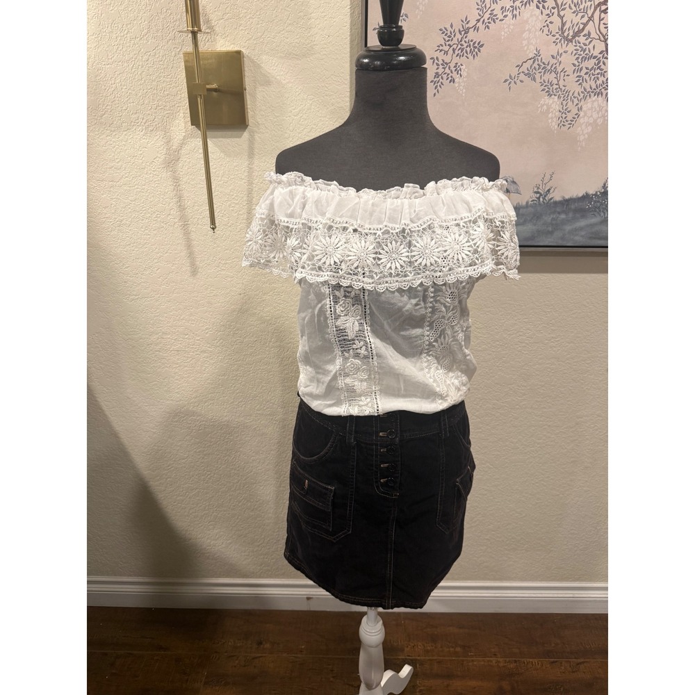 Exetera Paris Euro‎ White Cotton Off Shoulder Crochet Lace Boho Peasant Blouse